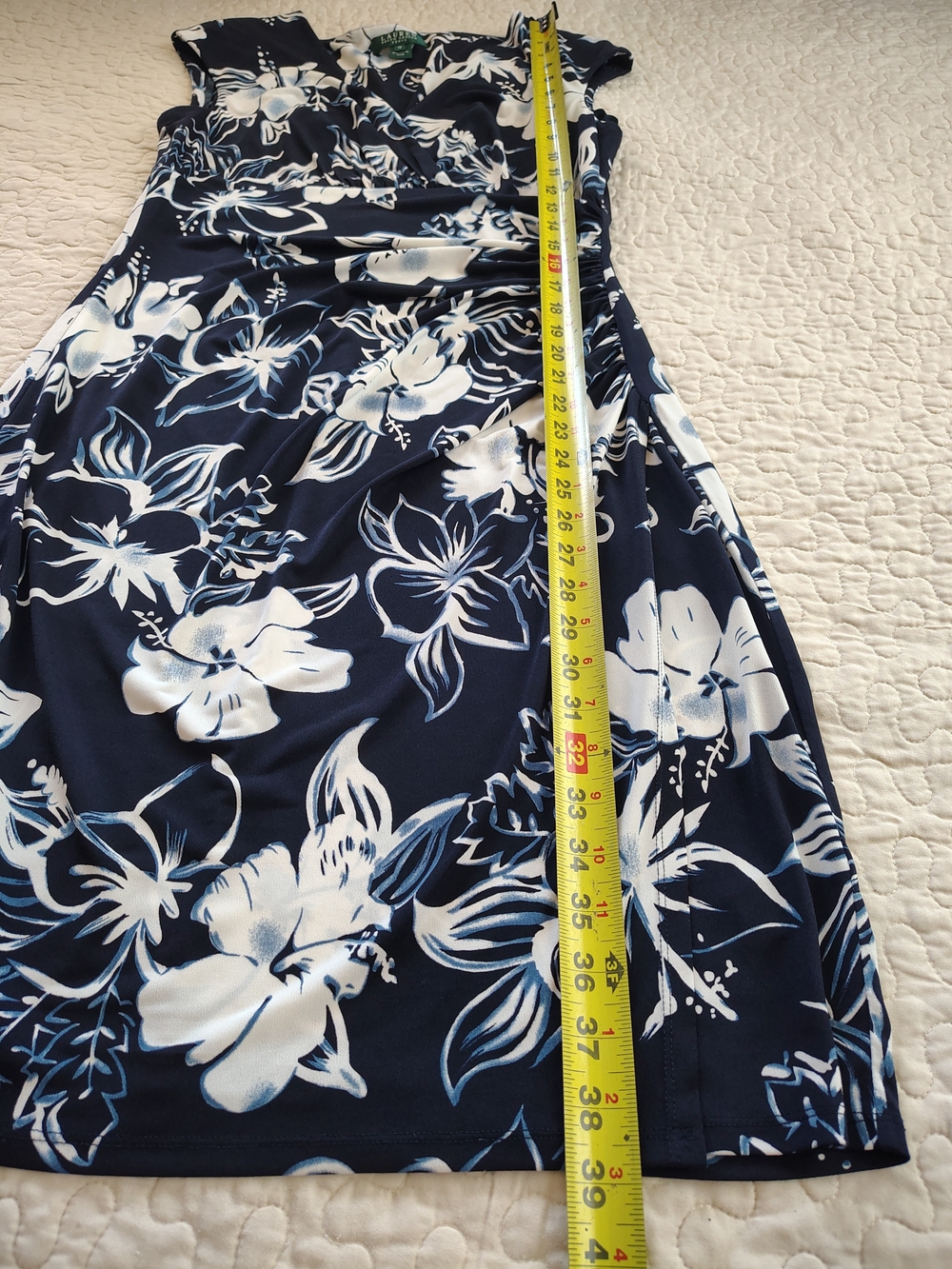 Lauren Ralph Lauren Blue White Floral Ruched Faux Wrap Jersey Dress Size 12 - Picture 5 of 8